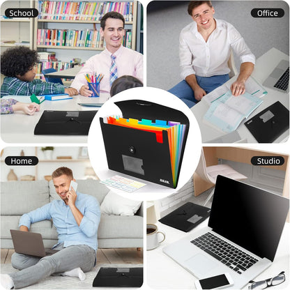 Accordian File Organizer 7 Pocket Expanding File Folder with Labels, Plastic Expandable File Folder for Documents Letter Size A4 Papers - Black