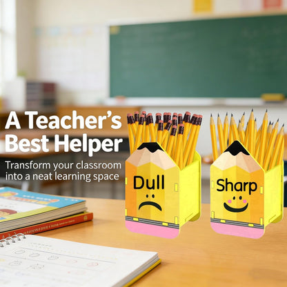 2 Pcs Wooden Pencil Dispenser for Classroom - Sharp and Dull Pencil Holder for Classroom Organization - Cute Pencil Shaped Storage Caddy Teacher Must Haves for Back to School, Yellow