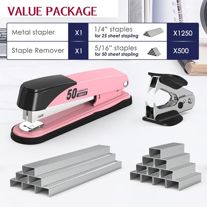 Metal Stapler Heavy Duty 50 Sheet Capacity with 1750 Staples and Staple Remover, Full Strip Staplers for Desk, No Jam, Non-Slip for Office & Classroom, Black