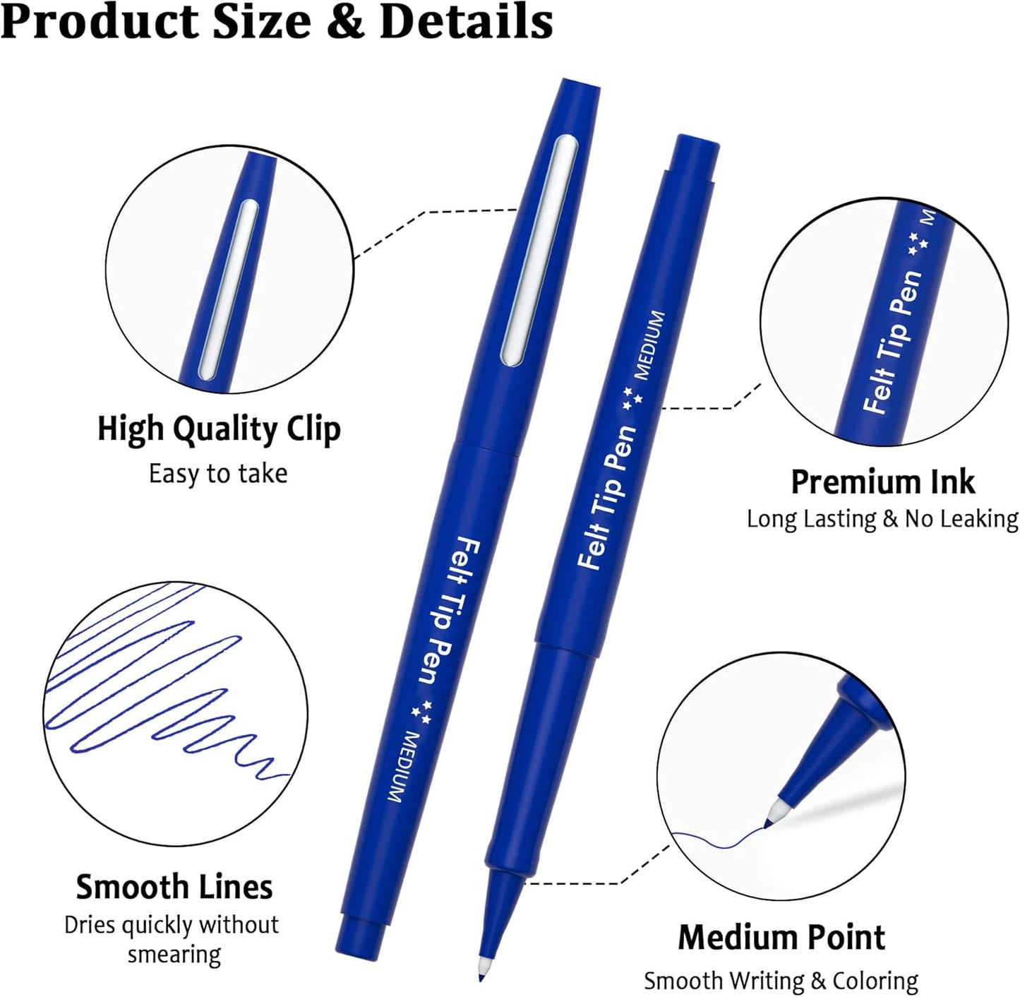 Lelix Felt Tip Pens, 15 Black Pack, 0.7mm Medium Point, Felt Tip Markers Pens for Journaling, Writing, Note Taking, Planner, Perfect for School Office and Art Supplies