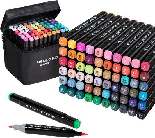 WELLOKB Alcohol Markers Set, 80 colors Alcohol Based Dual Tip, Brush and Fine Tip for Adult Coloring Books, Drawing, Sketching