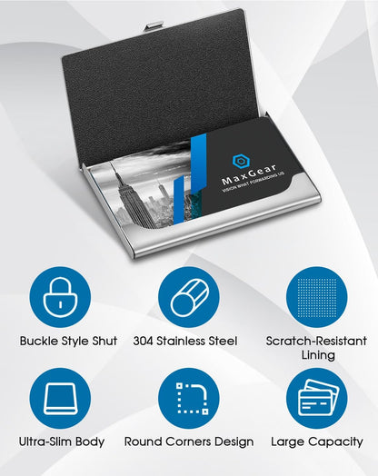 MaxGear Metal Business Card Holder for Men & Women, Professional Stainless Steel Card Case for Business Cards, Slim Purse Name Card Holders with Interior Lining, Buckle Style Shut, Black
