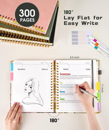 Hardcover Spiral Notebook Journal with Removable Dividers Tabs, 300 Pages Leather 5 Subject Notebook College Ruled, 8"x10" Large B5 Notebooks for Work School Note taking, Lined Journal for Women, Pink