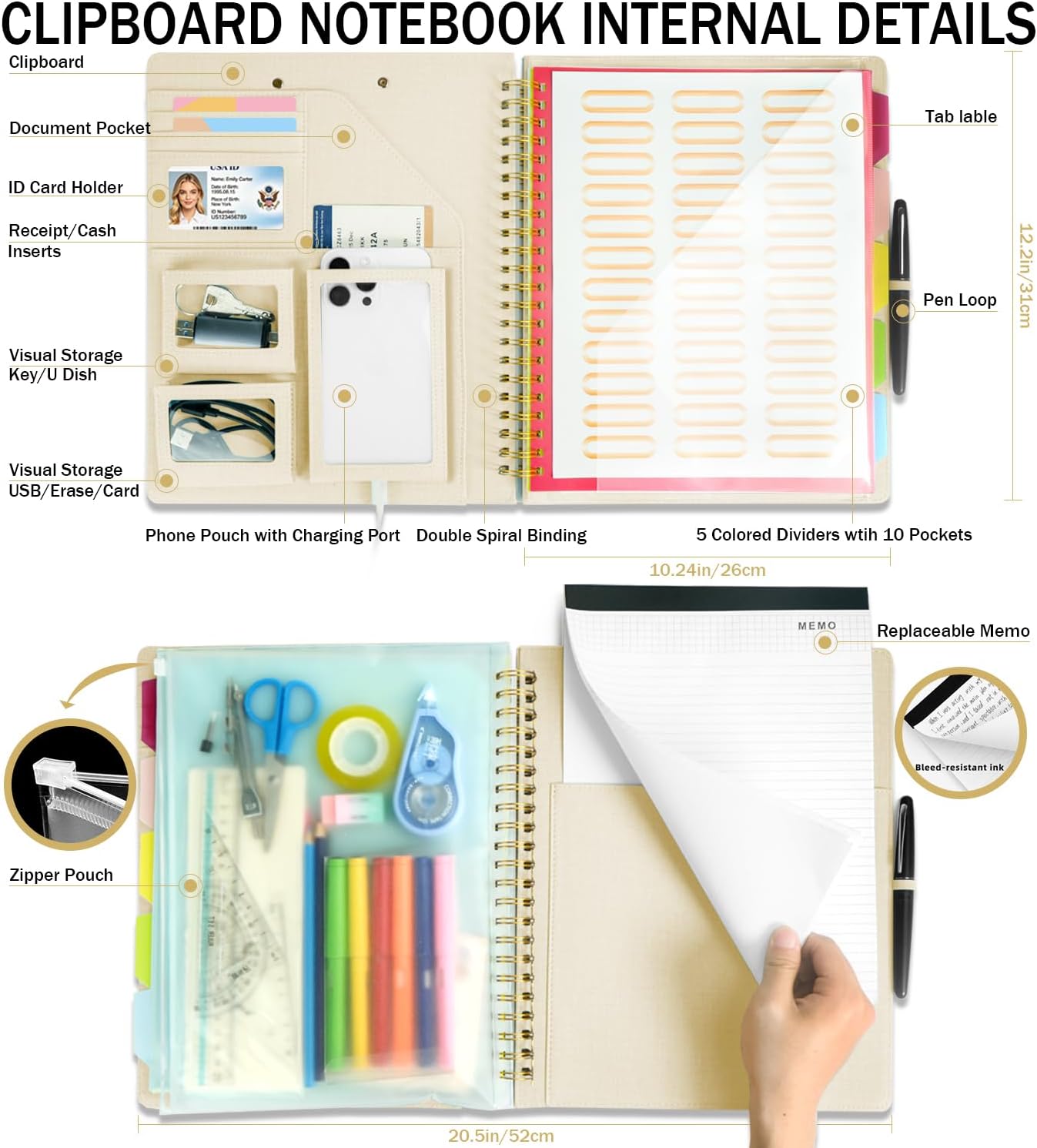 Grey Foldable Spiral Clipboard Folio with Storage Zipper Pouch, 5 Plastic Folders with Pockets,Refillable Lined Notepad (8.5" x 11"), Hardcover Project Organizer with 39 Stickers