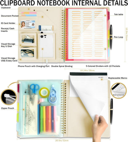 Grey Foldable Spiral Clipboard Folio with Storage Zipper Pouch, 5 Plastic Folders with Pockets,Refillable Lined Notepad (8.5" x 11"), Hardcover Project Organizer with 39 Stickers