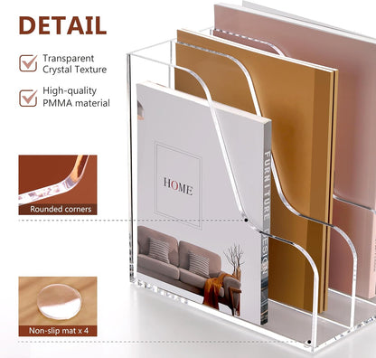 SANRUI Desk Organizer Clear Acrylic Desk Magazine File Holder with 3 Vertical Sections Magazine Rack File Organizer for Office, Home, School