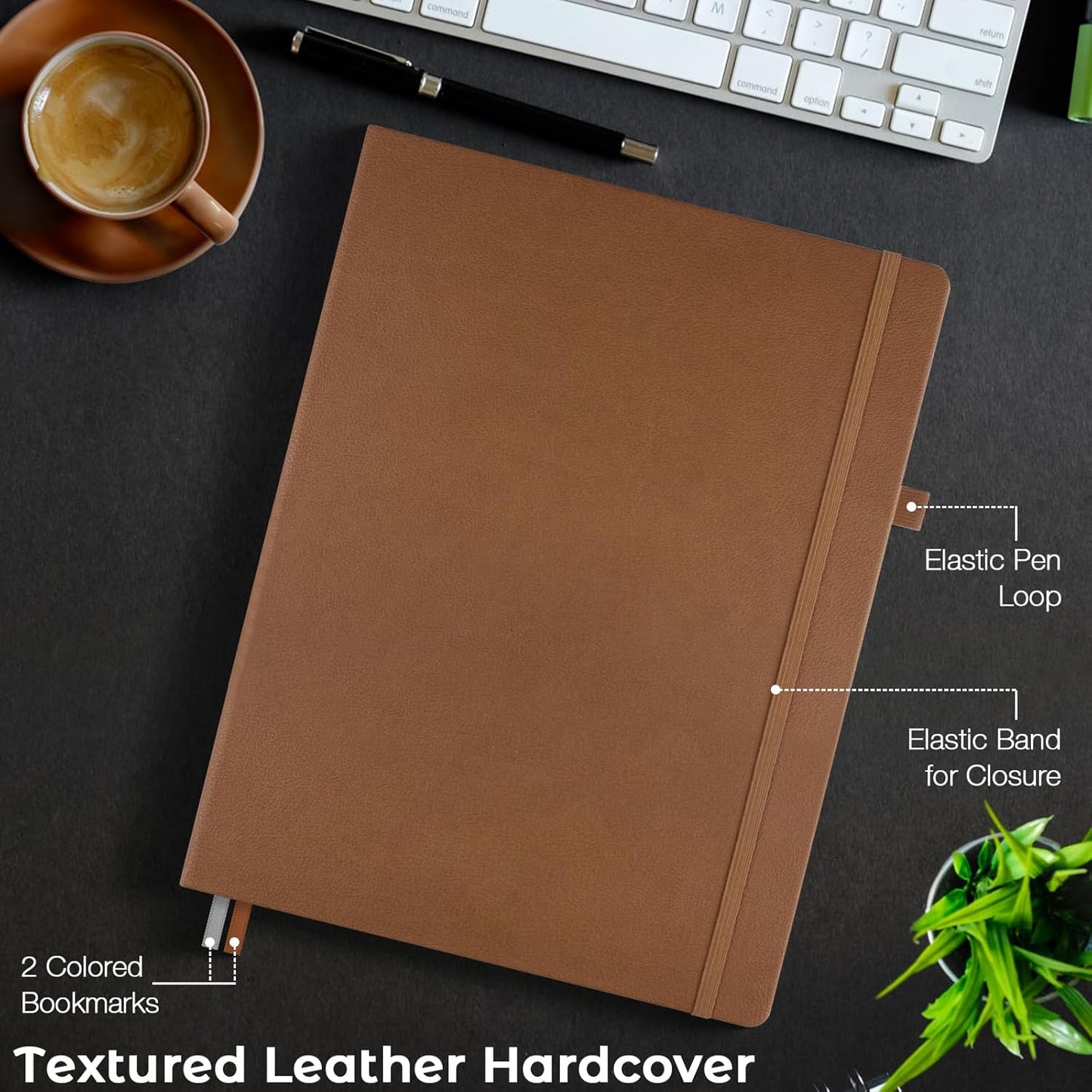 College Ruled Notebook, A4 Hardcover Leather Notebook for Work, Lined Notebook Journal for Women, Men, 192 Thick Paper, Lay Flat, Large Notebook with 2 Pockets, Professional Business Notebook, Black