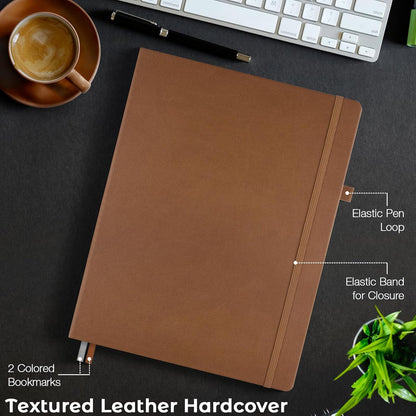 College Ruled Notebook, A4 Hardcover Leather Notebook for Work, Lined Notebook Journal for Women, Men, 192 Thick Paper, Lay Flat, Large Notebook with 2 Pockets, Professional Business Notebook, Black