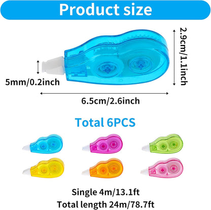 6 Pieces Correction Tape - White Out Correction Tape with No Drying Time, Easy To Use Applicator for Instant Corrections, Writing Tape for School Supplies, Office, 1/5 x 158 inch
