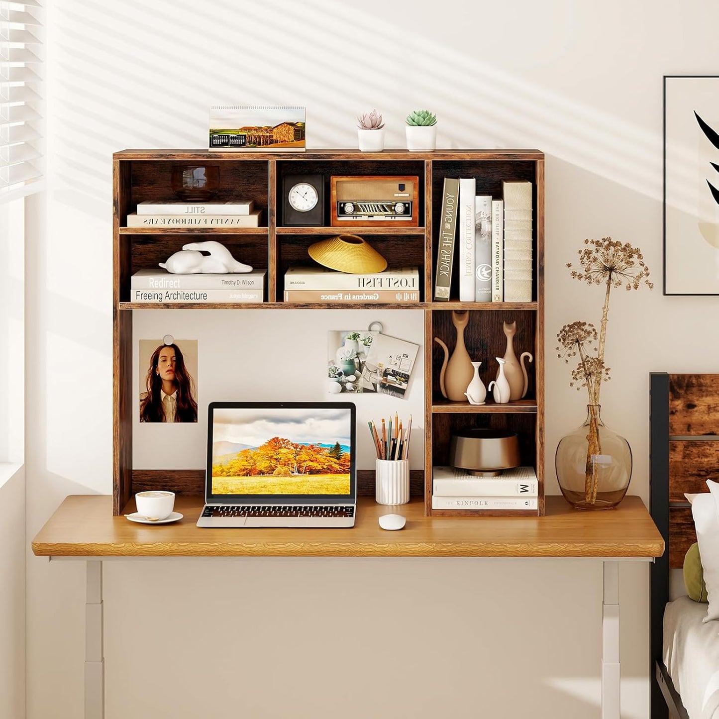 Tangkula Desktop Bookshelf, Countertop Storage Hutch with 5 Shelves for Computer Desk, Desk 3-Tier Display Rack, Multipurpose Wood Desktop Hutch Storage Organizer for Dorm Office Home
