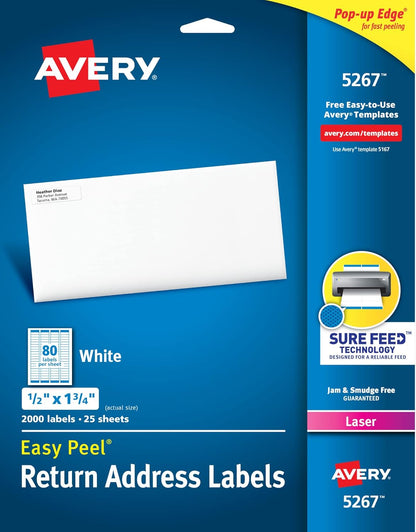 Avery Printable Return Address Labels with Sure Feed, 0.5" x 1.75", White, 8,000 Blank Mailing Labels (05167)