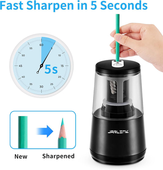 JARLINK Electric Pencil Sharpener, Heavy-Duty Helical Blade to Fast Sharpen, Auto Stop for No.2/Colored Pencils(6-8mm), AC Adapter/Battery Operated in School Classroom/Office/Home (Black)