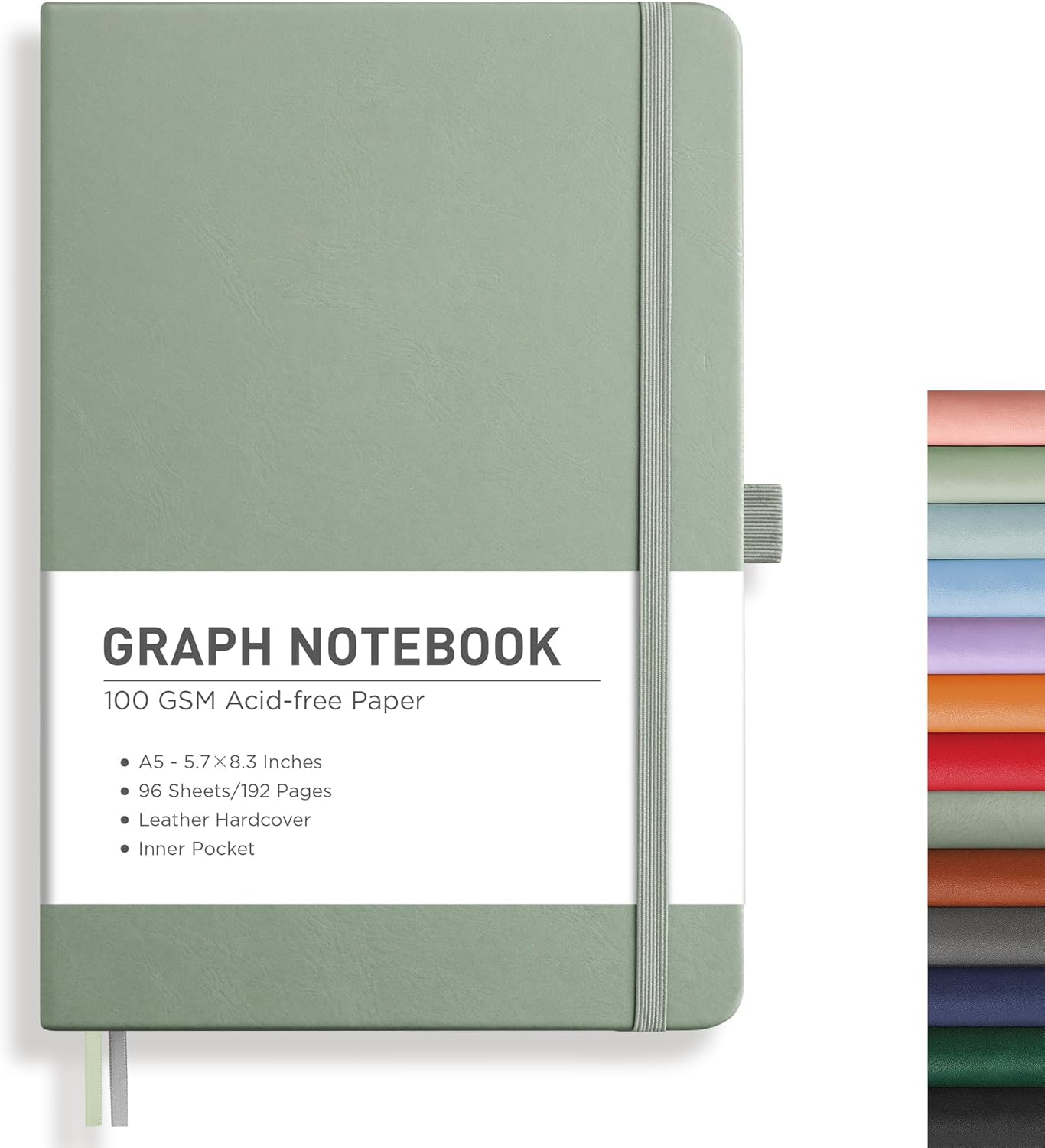 RETTACY Graph Grid Paper Notebook, 192 Pages, A5 Medium Size (5.7'' x 8.3''), 5 Squares per Inch, Leather Hardcover, 100 GSM Thick Paper, for School, Students, Math, Engineering (Brown)