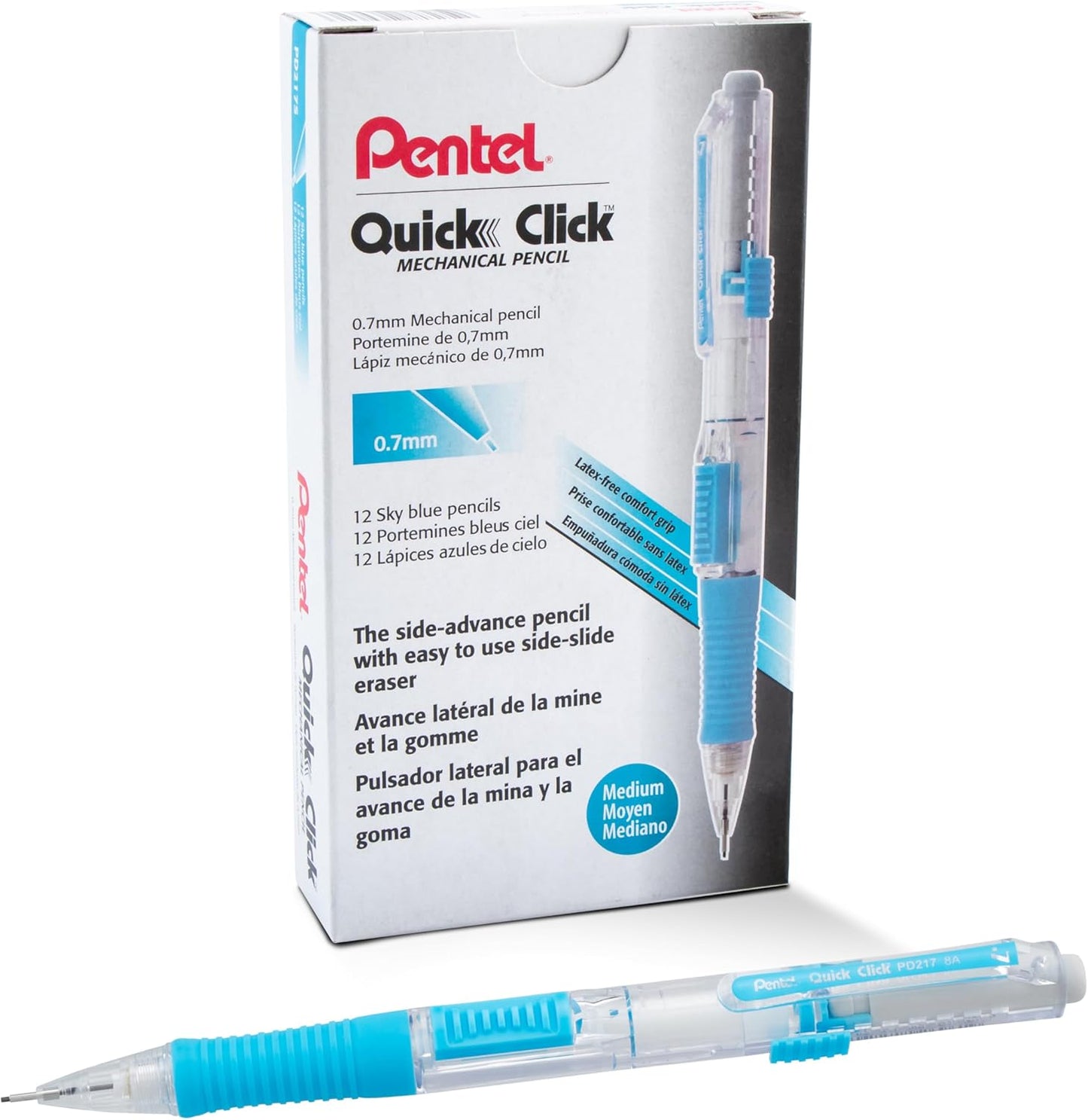 Pentel Quick Click Mechanical Pencil, (0.7mm), Medium, Black Barrel, Box of 12 Pencils (PD217A)