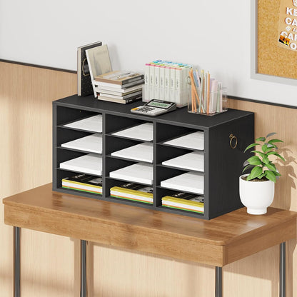HOOBRO Countertop Mail Sorter Organizer, Wooden Literature Organizer, Student Mailbox for Classroom, Desktop Bill Organizer for Office Home School, 12 Compartments Rustic Brown FG43WF01