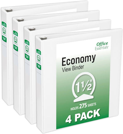 Office Essentials Economy View 3 Ring Binders, 3" Round Rings, 3.5" Spine, 460-Sheet Capacity, White Binders (4-Pack of 03148)