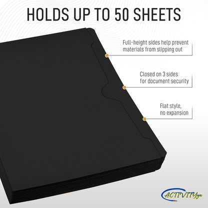 Black File Jackets, Flat-No Expansion, Letter Size, Reinforced Straight-Cut Tab, 10 Pack