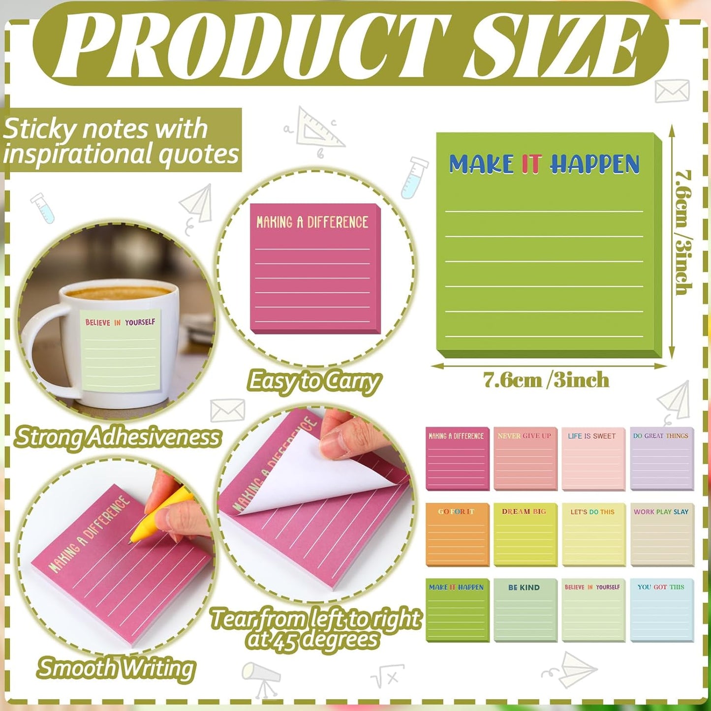 Yinder 48 Pcs Inspirational Sticky Notes Cute Motivational Sticky Notes Pad End of Year Employee Appreciation Gifts Bulk for Teacher Nurse Coworkers Office Supplies 3 x 3'' (Thank You,Dark Color)