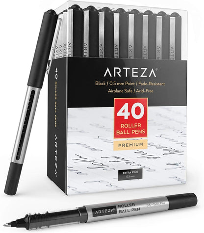 ARTEZA Rollerball Pens, 20 Pack Black Roller Ball Pens, 0.5 mm Needle Point Extra Fine Tip, Quick-Dry Fade-Resistant Liquid Ink for Note-Taking, Bullet Journals, Planners, and Office Use