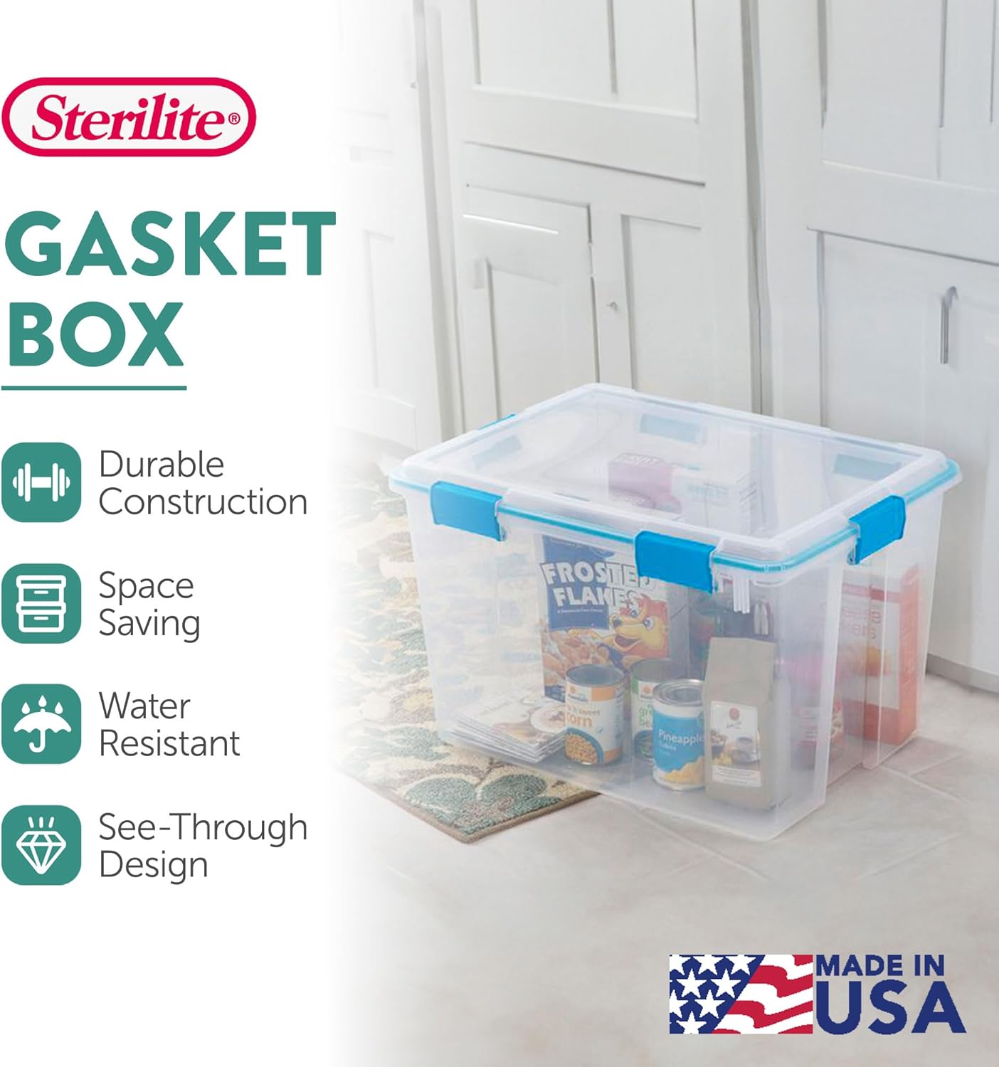 Sterilite 4-Pack Gasket Box, Weather-Resistant Storage Bins with Latching Lids, 32 Quart - Heavy-Duty Organizing Containers for Closet, Bathroom, and Office