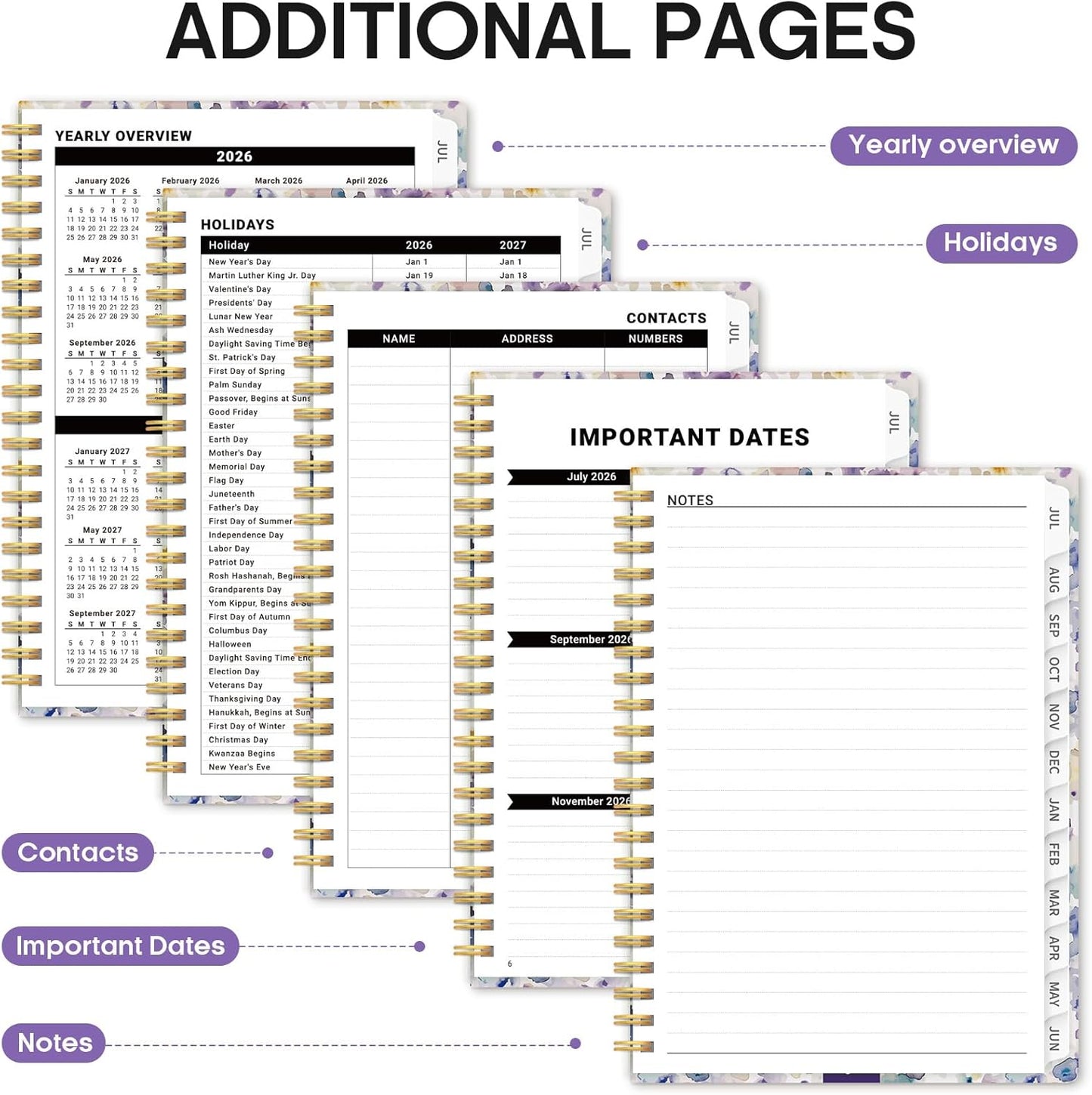 Planner 2026-2027, Academic Year Monthly and Weekly Calendar Planner, Jul 2026 - Jun 2027, Hardcover Teacher Student Planning Agenda book with Tabs, Perfect for School Office Supplies, 6.3" x 8.5" - Wildflowers