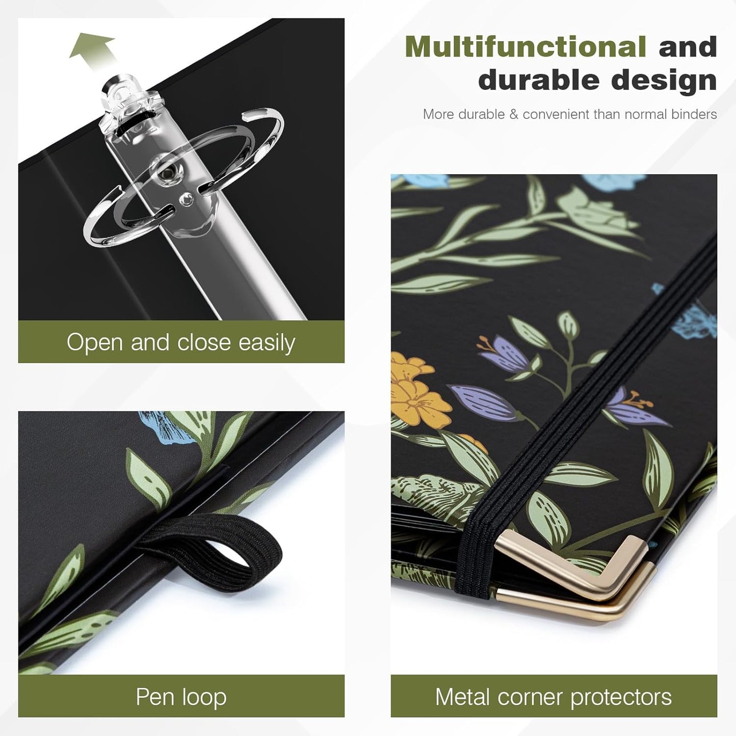Ospelelf Binder 3 Ring 1 Inch, Floral Round Ring Clipboard Binder for Letter Size with 5 Tab Dividers, File Folder Labels, for School and Office Supplies