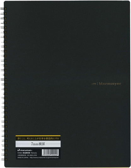 Maruman Mnemosyne Lined Notebook- A4, 11.69" x 9.25", 70 Sheets / 140 Pages, 7mm College Ruled Journal, Perforated Pages & Wire-Bound to Lay Flat, Black, Made in Japan