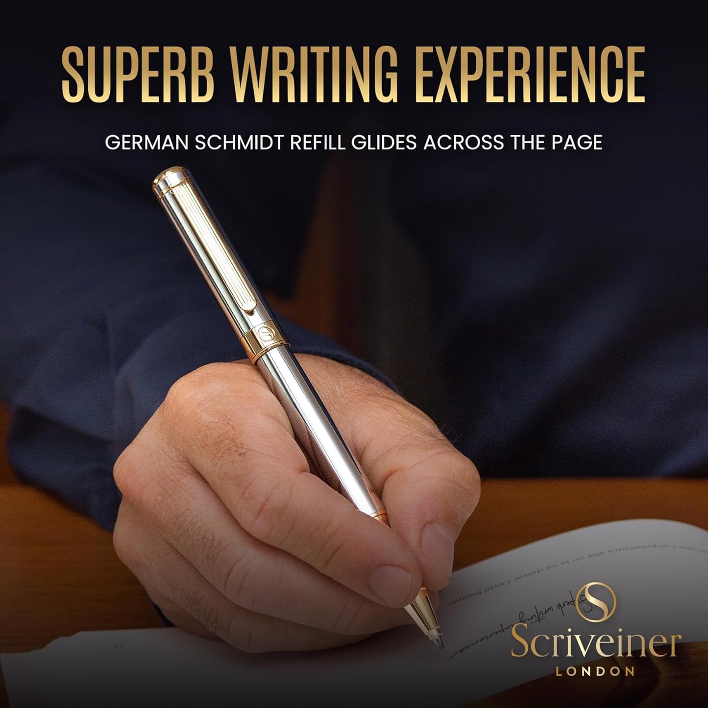 Scriveiner Midnight Blue Rollerball Pen - Stunning Blue Lacquer Luxury Pen, Chrome Finish, Schmidt Ink Refills, Men & Women, Professional, Executive Office, Nice Pen