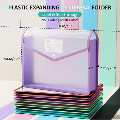 ThinkTex Plastic Expanding File Folder, Transparent Envelopes with Snap Closure, No Dividers, Large Capacity, Assorted Colors, Fits Letter / A4 Size - 5 Pack