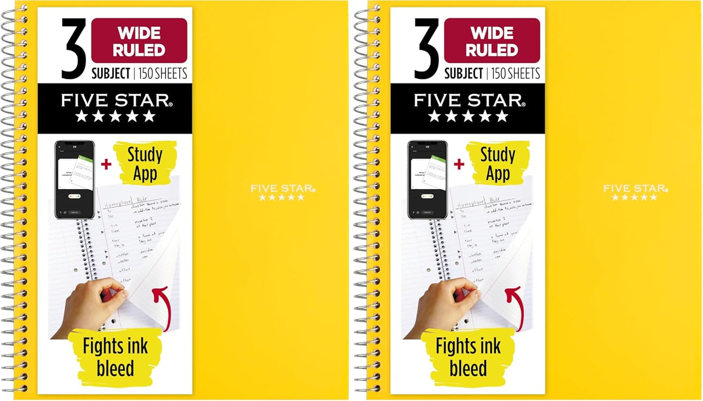Five Star Spiral Notebook + Study App, 3 Subject, Wide Ruled Paper, 8" x 10-1/2", 150 Sheets, Fights Ink Bleed, Water Resistant Cover, Harvest Yellow (73463)