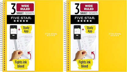 Five Star Spiral Notebook + Study App, 3 Subject, Wide Ruled Paper, 8" x 10-1/2", 150 Sheets, Fights Ink Bleed, Water Resistant Cover, Harvest Yellow (73463)