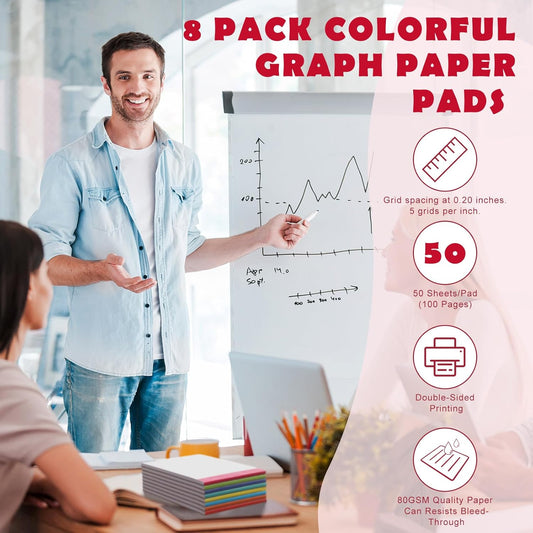 Jetec 8 Pcs Small Graph Paper Notepad 5 x 8 Inch Mini Notebook Double Sided Memo Pads Back to School Supply Pocket Notepad Assorted Colors 50 Sheets Graph Paper Notebook (Grid (5x5))
