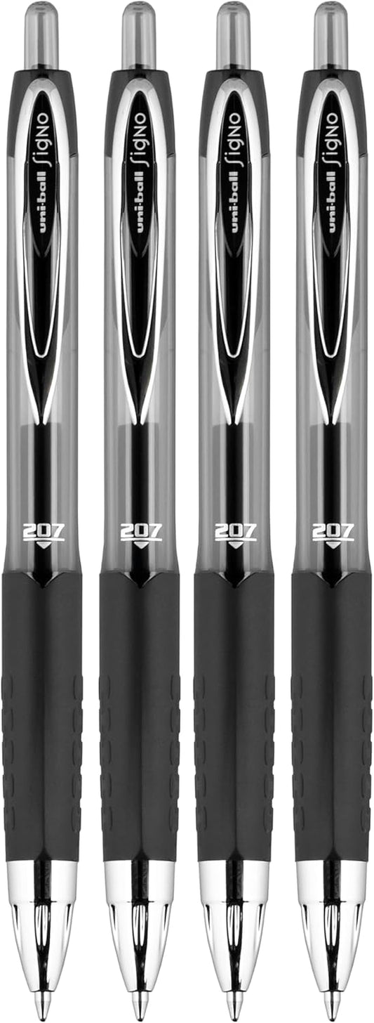 Uni-Ball® 207™ Retractable Fraud Prevention Gel Pens, Bold Point, 1.0 mm, Translucent Black Barrels, Black Ink, Pack Of 4