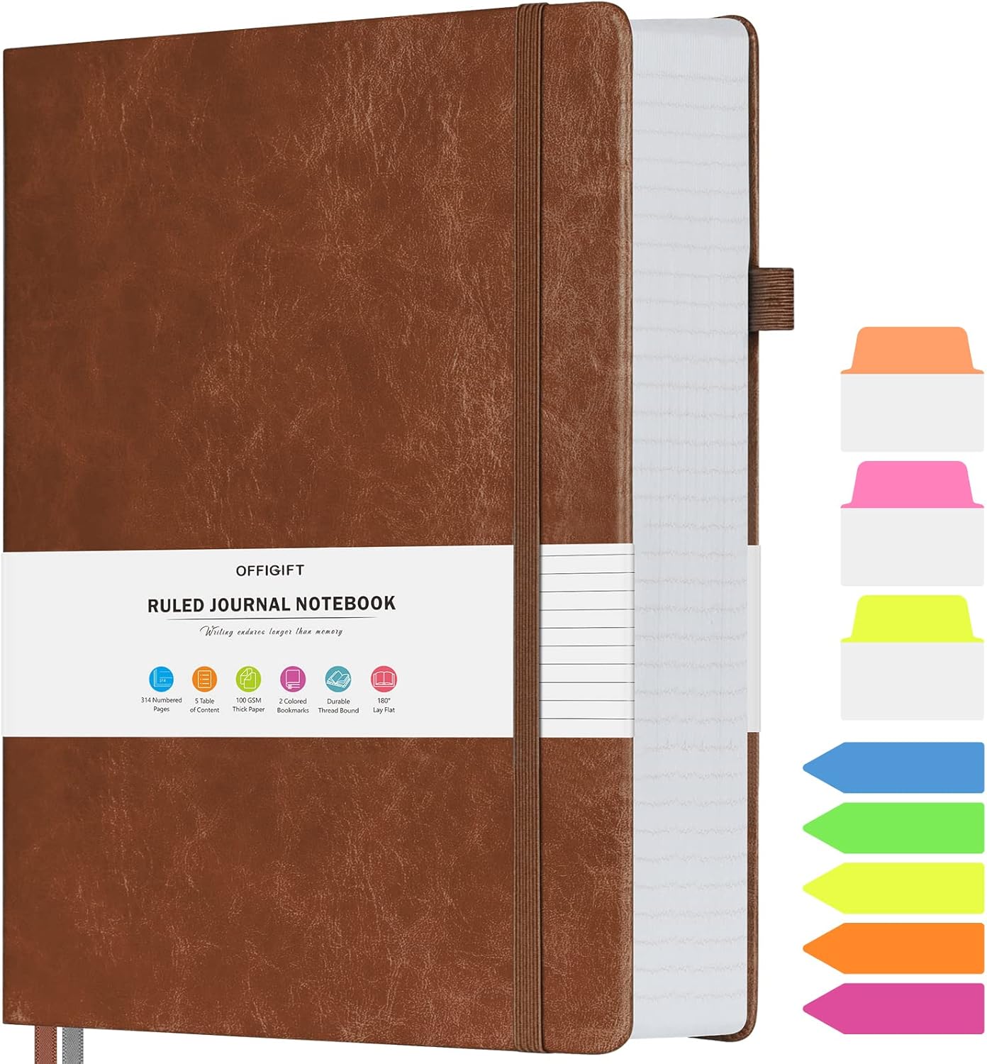 Lined Journal Notebook, Large A5 College Ruled Notebook, 312 Numbered Pages Work Notebook with Index Stickers, 100gsm Thick Paper, Hardcover Vegan Leather Journal for Women Men School Office, Black