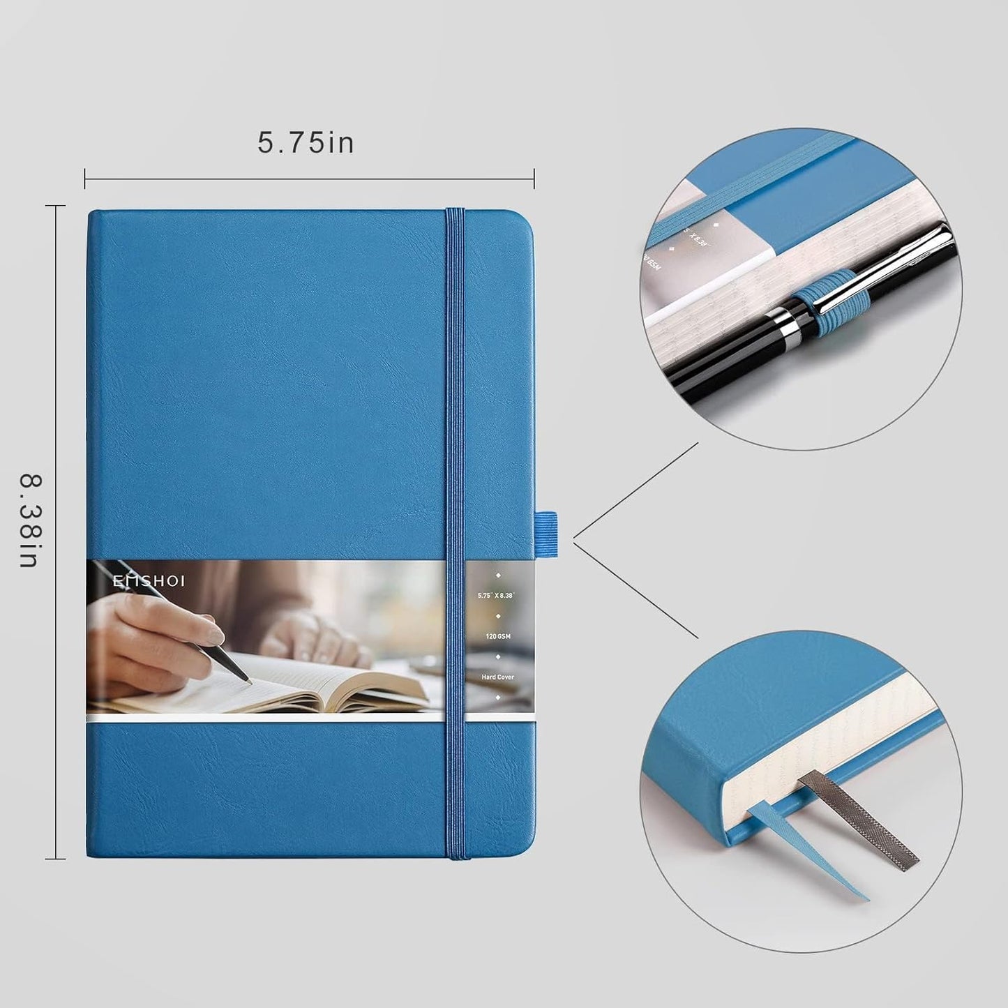 EMSHOI Graph Paper Notebook - 256 Pages A5 Graph Notebook/Journal, Hard Cover, 120gsm Thick Paper, Smooth PU Leather, Inner Pocket, 5.75'' × 8.38''-Black