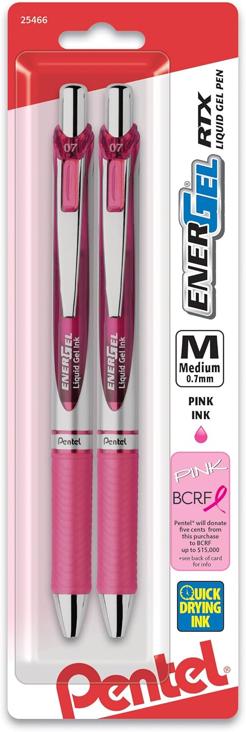 Pentel EnerGel RTX Retractable Liquid Gel Pen, Medium Line, Metal Tip, Pink/Violet Ink, 2-Pack (BL77BP2PV)