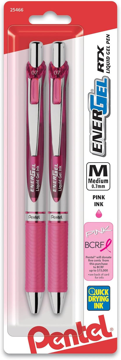 Pentel EnerGel RTX Retractable Liquid Gel Pen, Medium Line, Metal Tip, Pink/Violet Ink, 2-Pack (BL77BP2PV)