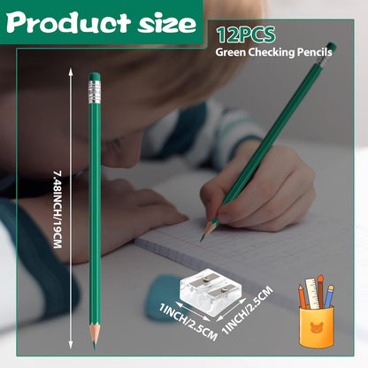 12 PCS Green Pencils with Eraser, Pre-Sharpened HB Pencils for Writing & Drawing, School Supplies for Kids Homework, Tests, Art Crafts & Teacher Grading (Green)