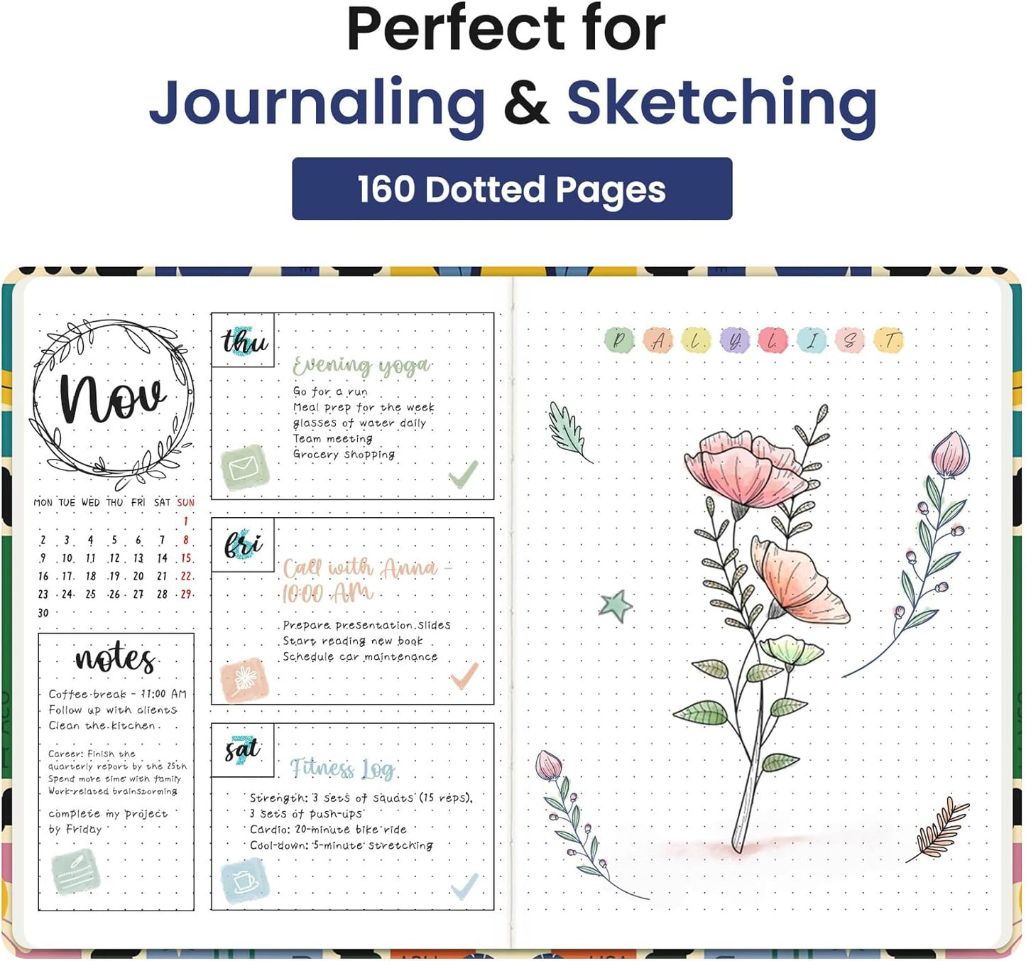 Taja Pretty Lined Journal for Women, Aesthetic Cute Hardcover Leather Journal for Writing, A5 College Ruled Notebook for Work & Note Taking, Perfect for Office School Home, 160 Pages, Meadow Flowers