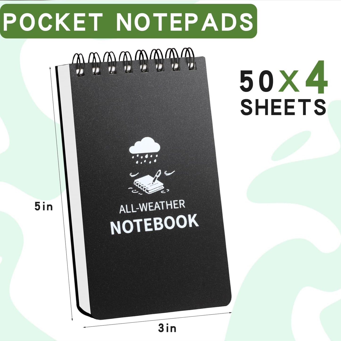 Waterproof Notebook, 4 Pack Pocket Notepad, 3" x 5" Top-Spiral Weatherproof NotePad, All Weather Police Pocket Notebook Mini Memo Steno Note Pads for Outdoor Office School Recording, Black