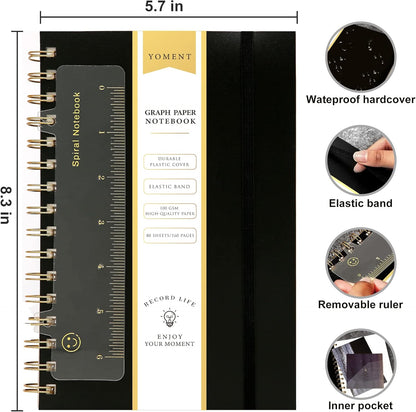 Yoment Graph Paper Spiral Notebook A5 Graphing Notebook 160 Pages Graph Paper Notebook Spiral Bound Waterproof Plastic Hardcover Spiral Journal 5x7 Grid Notebooks for Note Taking,Black