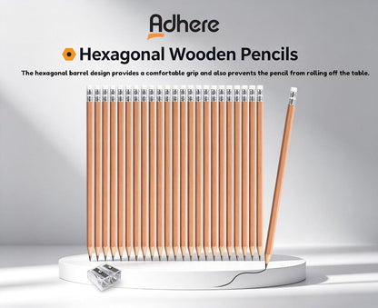Adhere 25pcs Woodcase Pencils with Eraser Premium Pre-Sharpened Hexagon Graphite 2B pencils ideal for home, office writing including a Free Sharpener(Pink・25pcs)