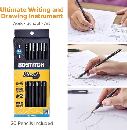 Bostitch, Wood-Cased Pencil Plus, Retractable Eraser, American Cedar Wood, #2 HB, Round, Matte Black, Pre-sharpened, Six Pack