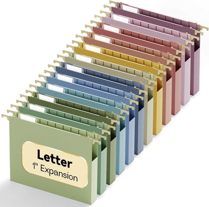 Letter Size Hanging File Folders Extra Capacity,2" Expandable Plastic Hanging File Organizer for Filing Cabinet Office Home,12 Pack Sturdy Pastel Heavy Duty Hang Folder with Tabs,for File Box