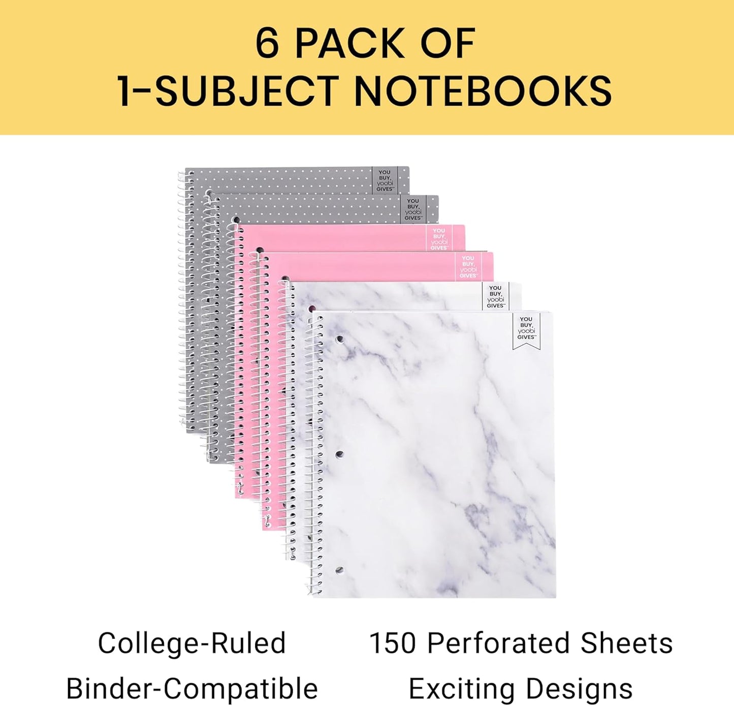 Yoobi College Ruled 8 x 10.5” Spiral Notebook Set – 3-Pack of 1 Subject Notebooks, Pink, Purple & Black Celestial Patterns – 150 Perforated 3-Hole Punched Sheets