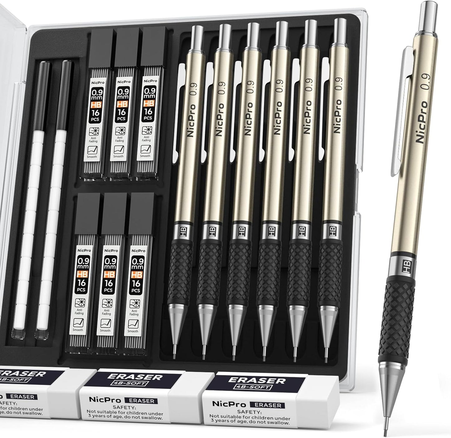 Nicpro 0.7 mm Art Mechanical Pencil Set in Storage Case, 3 PCS Metal Drafting Pencil Lead Pencil with 6 Tube HB Lead Refills, 3 Erasers, 9 PCS Eraser Refills for Artist Writing, Drawing, Sketching