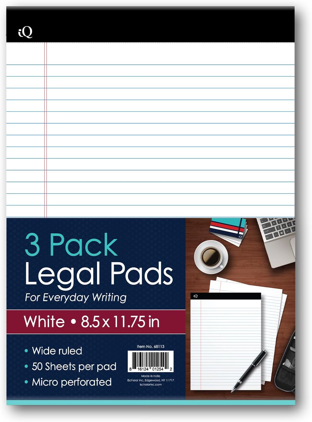 iScholar iQ Legal Pads, White, Wide Ruled, 8.5" x 11.75", 50 Sheets Per Pad, Pack of 3 Pads (68113)