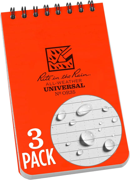 Rite in the Rain Weatherproof Top Spiral Notebook, 3" x 5", Black Cover, Universal Pattern, 3 Pack (No. 735-3X)