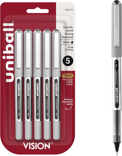 uniball Vision Rollerball Pens, Fine Point (0.7mm), Black, 5 Pack