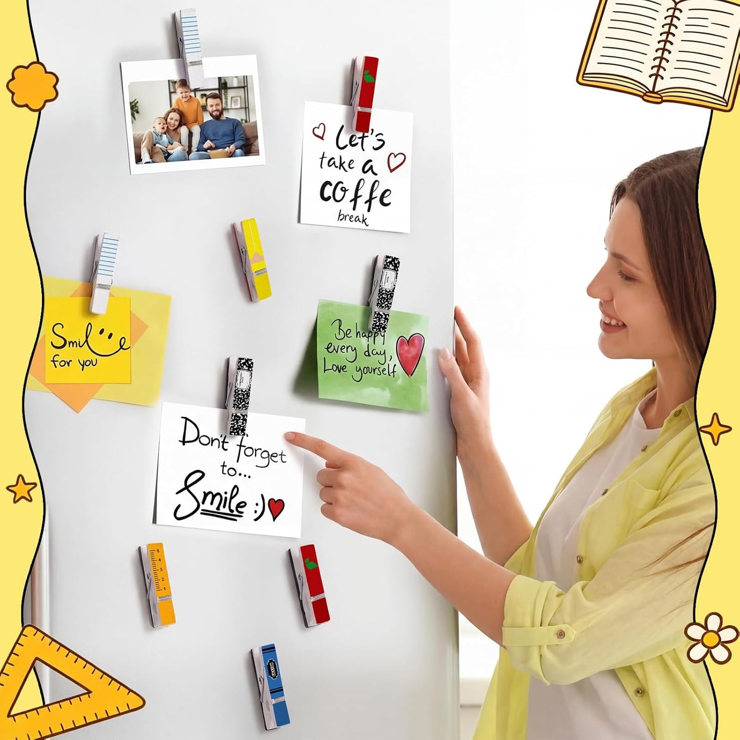 Bokon 48 Pcs Classroom Magnetic Wooden Clips Teacher Whiteboard Artworks Classroom Must Haves Decorative Magnetic Photo Paper Clips for Teacher Office Whiteboard Refrigerator Home Supplies